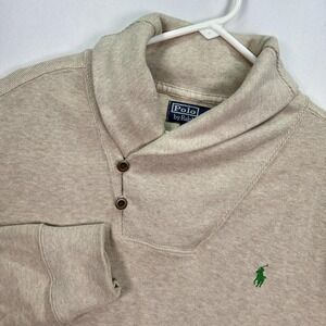 Polo Ralph Lauren Sweater Men Large Beige Shawl Collar Pullover Long Sleeve Pony